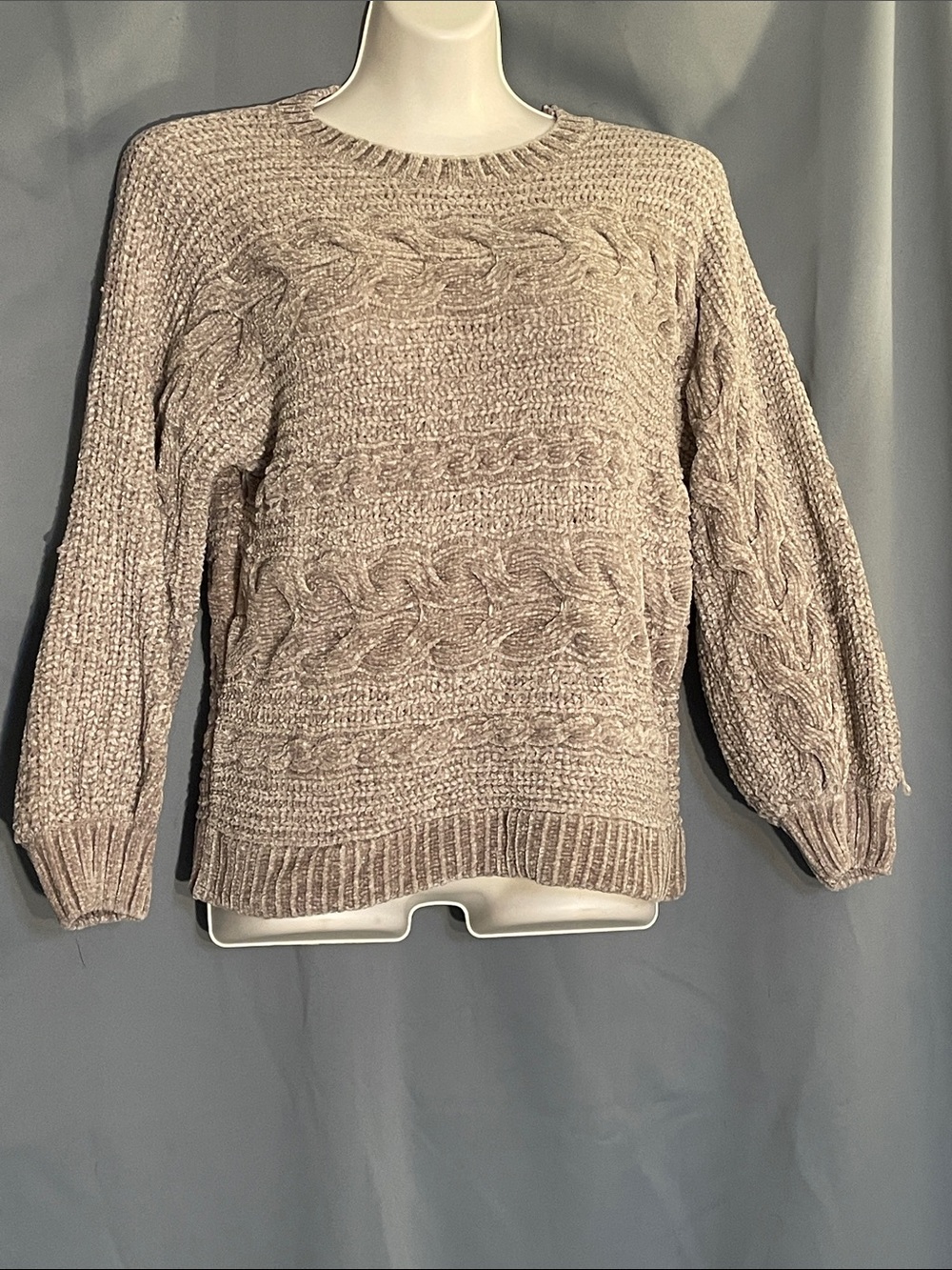 Pink Rose Grey Cable Knit Crewneck Sweater